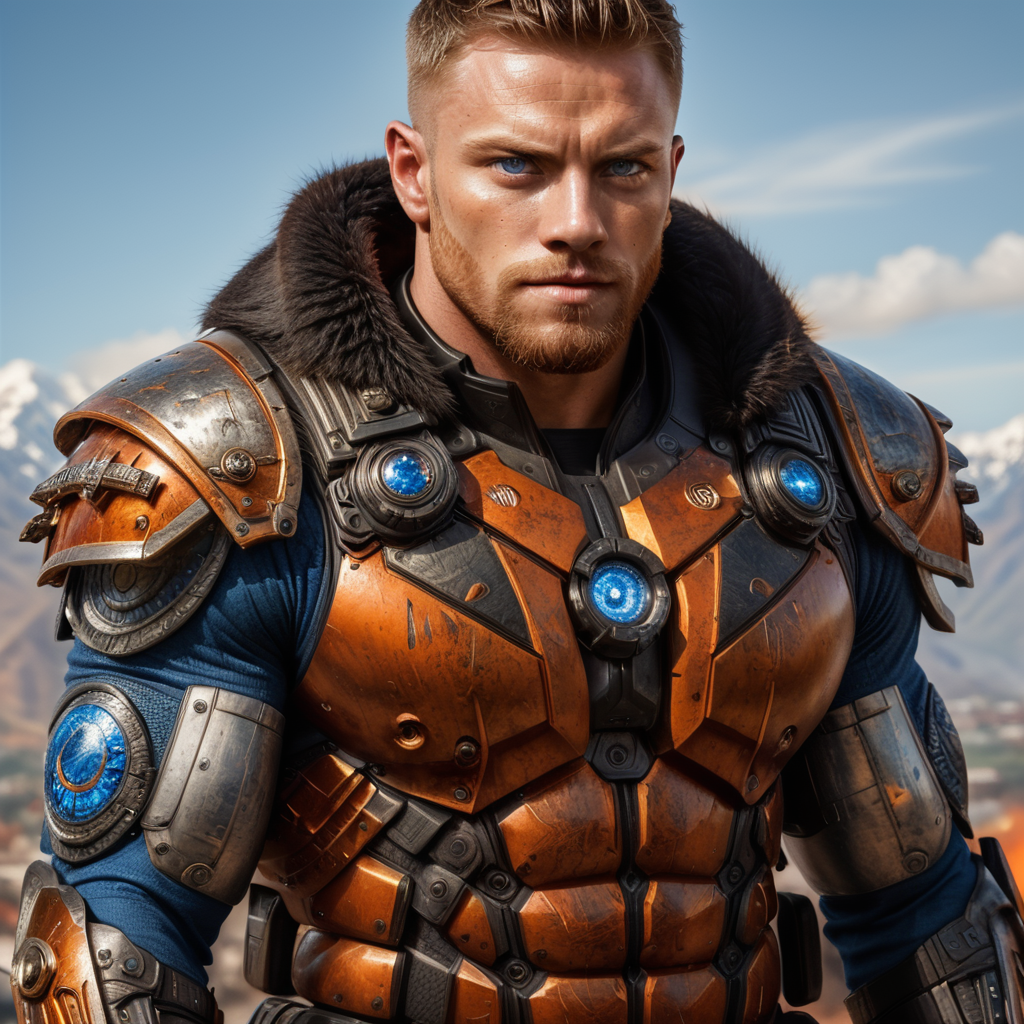 Me as an Scandinavian light skin, sparking blue eyes warrior combined with muscle body, mafia suit on and guns with the orange-red background or landscape