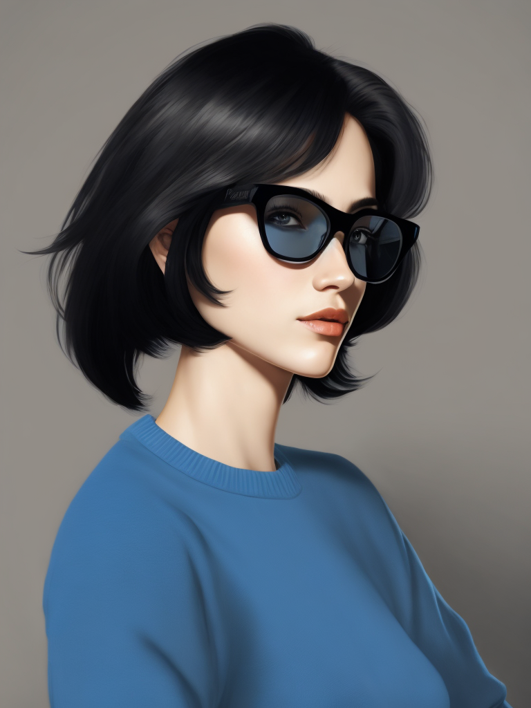 Cute girl in blue sweater black hair black wayfarer glasses by patrick nagel, solid colors