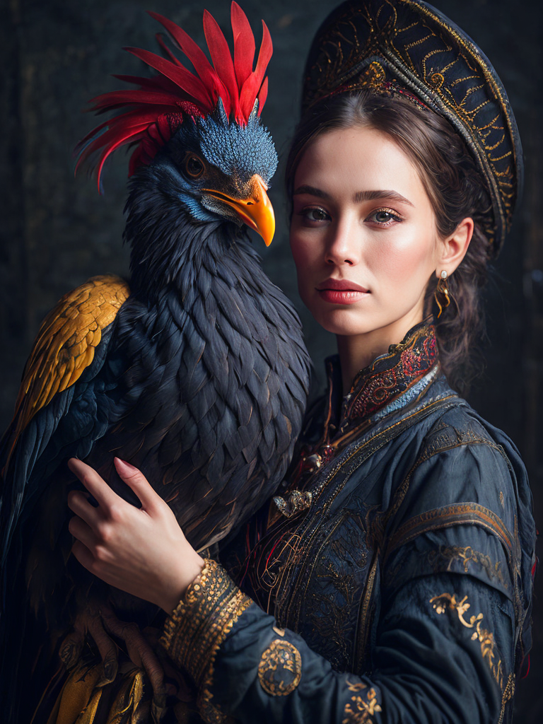 Portrait of a Beautiful women from Russian fairytale wearing traditional costume hugging a Rooster