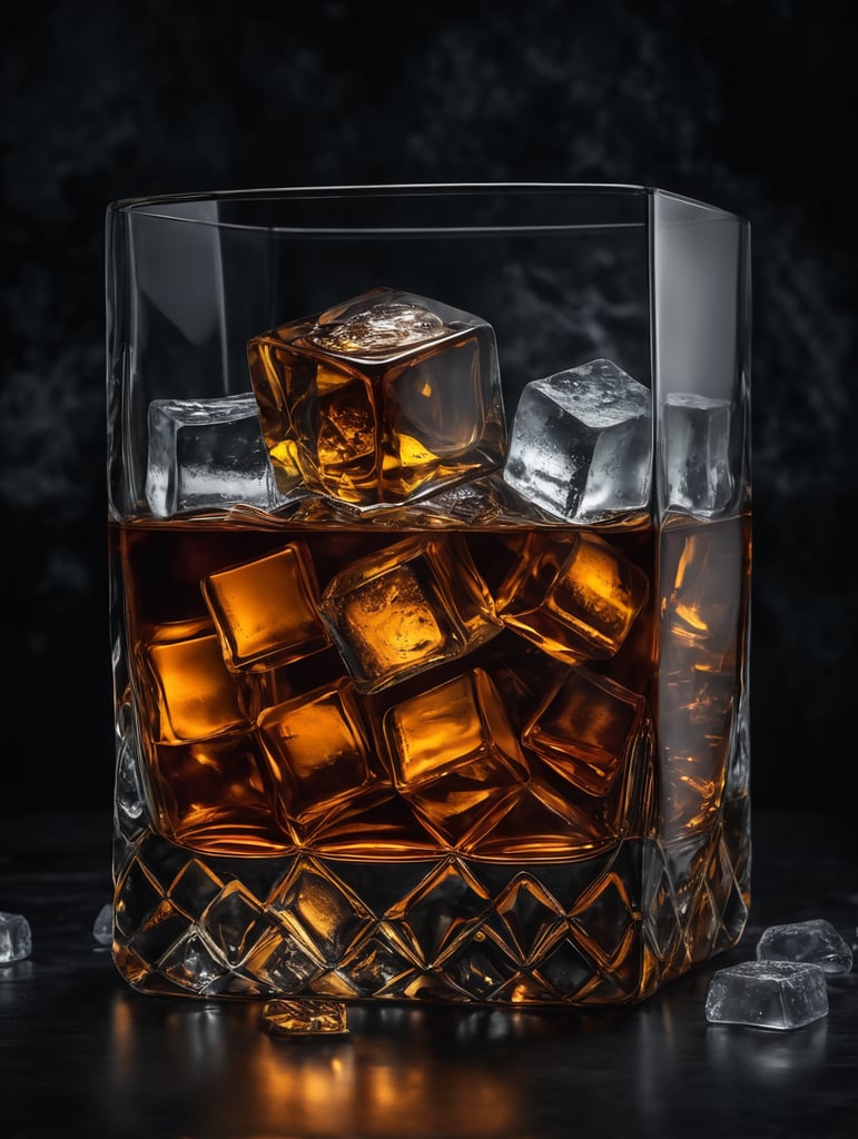 bottle of whisky with ice cubes, dark atmosphere, professional photo, amber lights