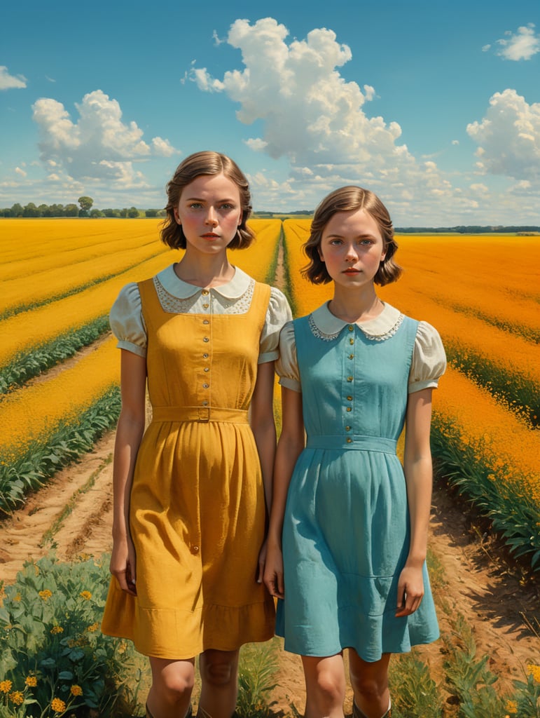 Vintage portrait of two girls wearing a simple dress in a yellow field, clear blue sky, complementary colors, Wes Anderson style, Incredibly high detail, Muted colors, turquoise color, orange color, red color