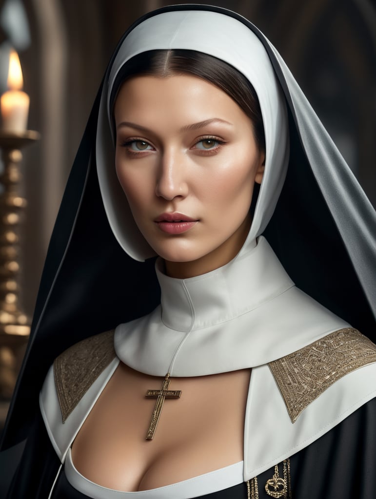 Create a realistic photo of Bella Hadid dressed as a nun