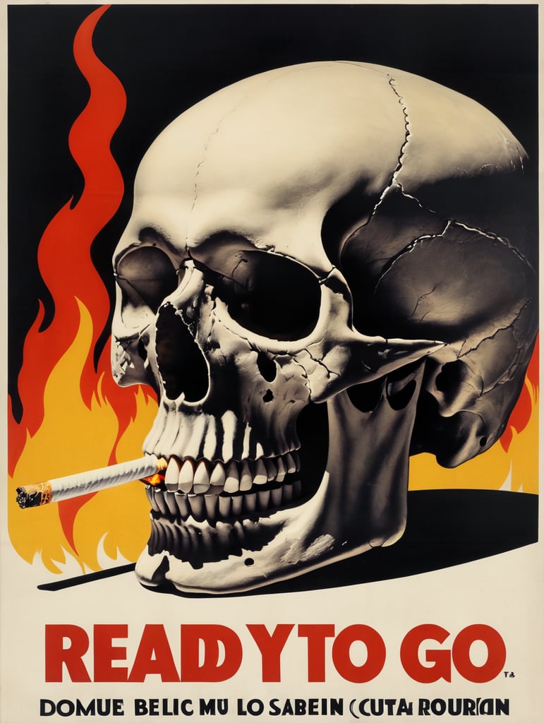 Skull with Burning Cigarette, "Ready to GO" text on poster