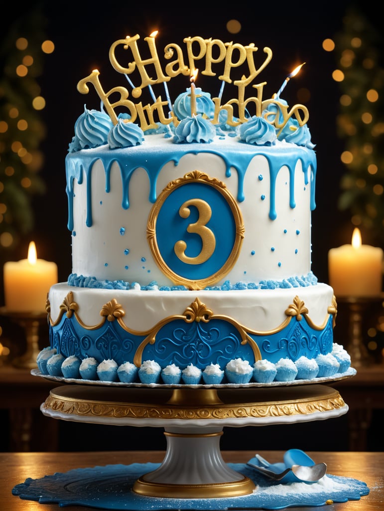 Generate a realistic double layer 3D white cake with blues icing sugar frosting at the tip of the cake's circumference. The cake should be placed on a white base with (HAPPY BIRTHDAY ABBY) WRITTEN with Golden colour the cake stand should be placed on a beautiful Golden decorated background with 23 of December written on it.
