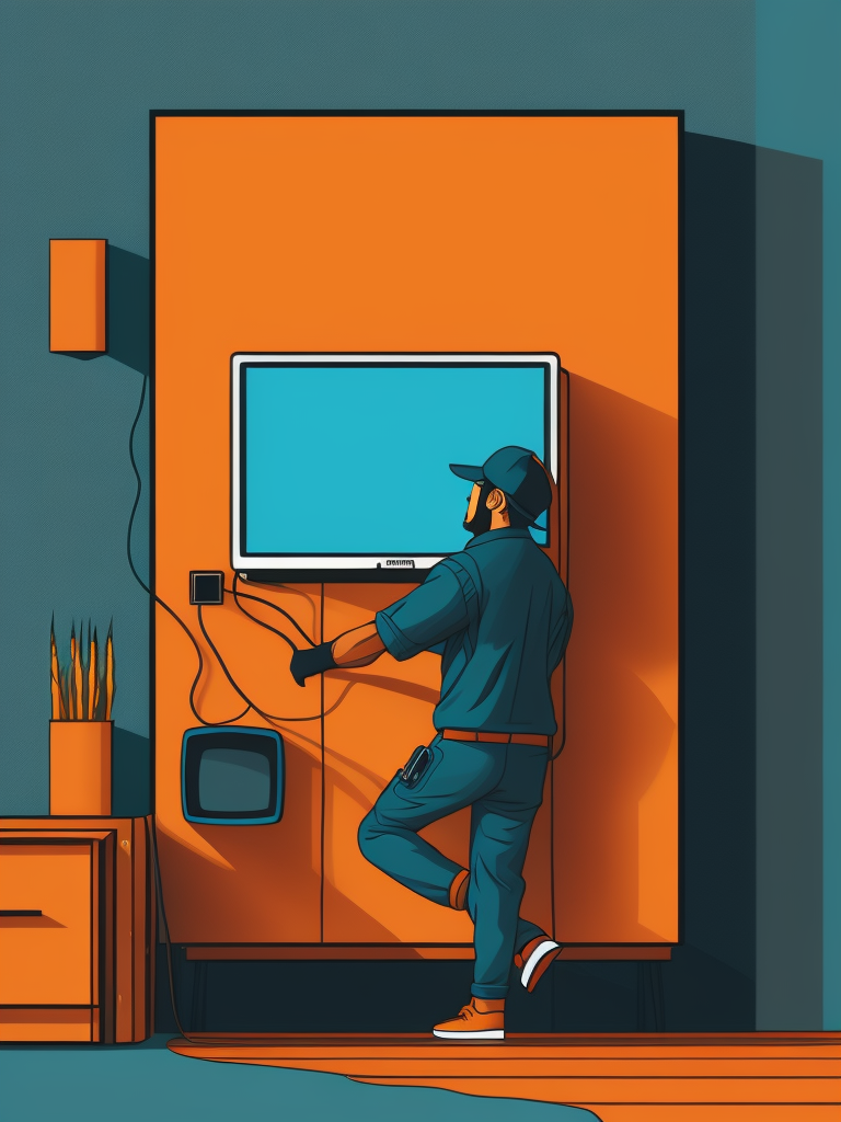 Minimalistic line art, a repair man installing a tv to a wall in a home, 2d, flat colors, shadowless