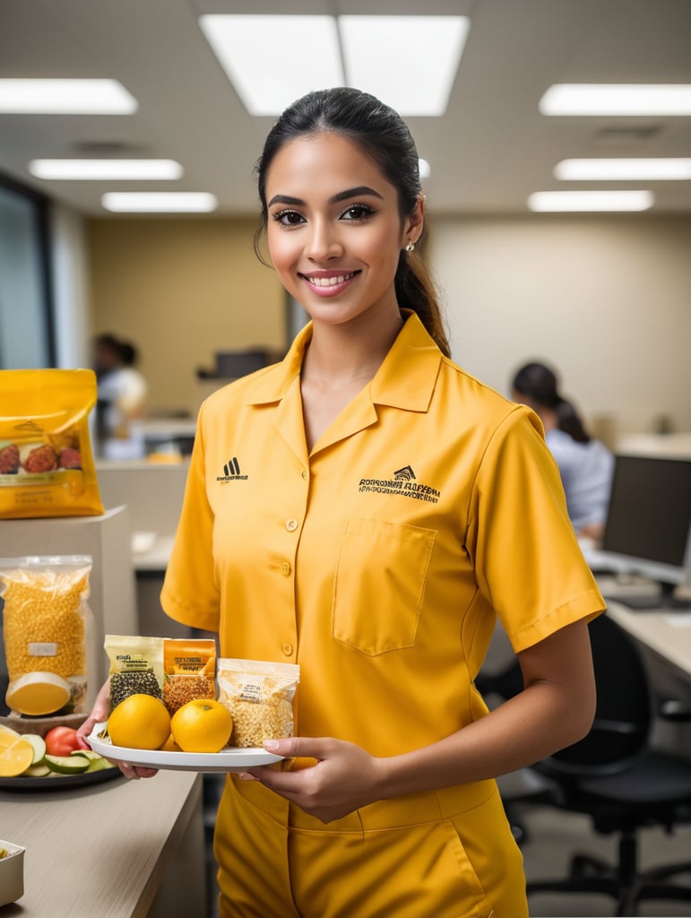 estudiante femenino latino de nutrición con uniforme amarillo y muestra de comida en la mano en un consultorio