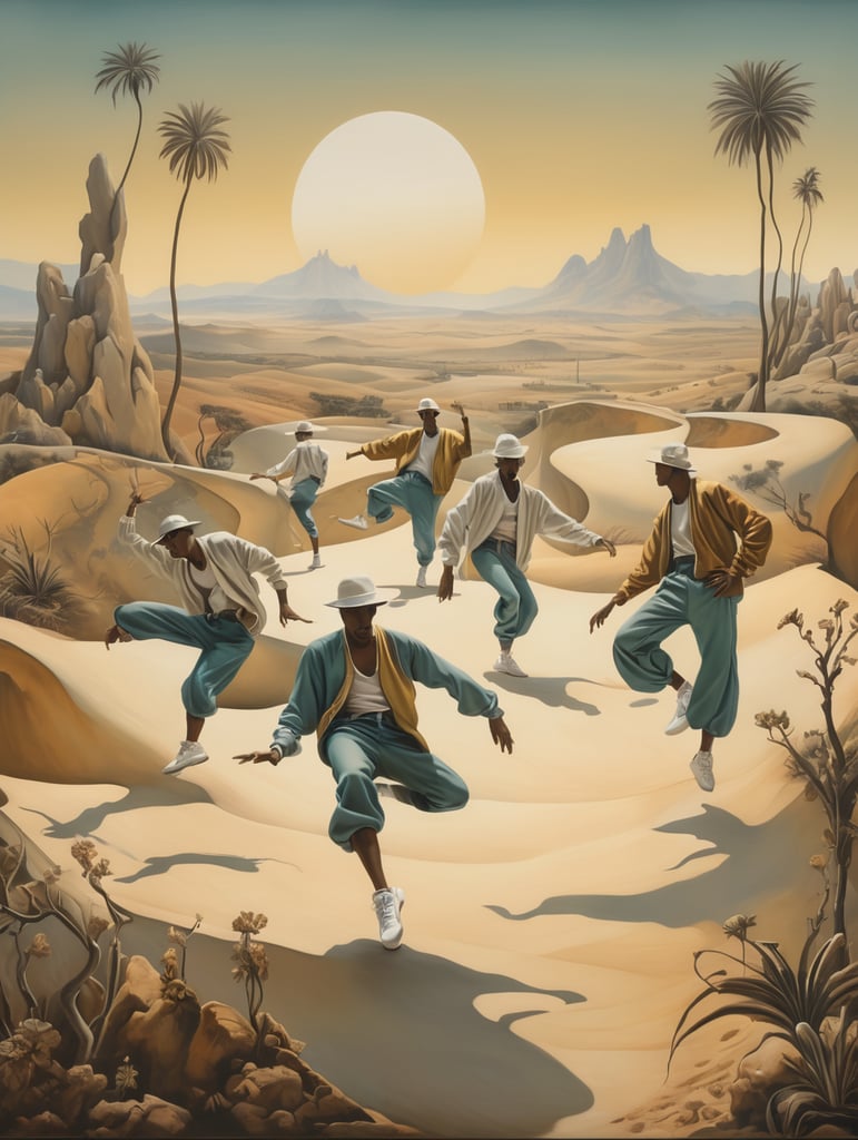 hip hop dancers in salvador dali style landscape