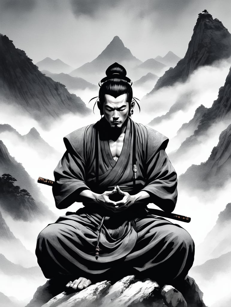 Anime Monk meditating in mountains