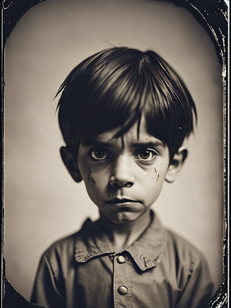 a wet plate photograph of a scary Pinocchio with dark bob haircut, neutral emotions on his face