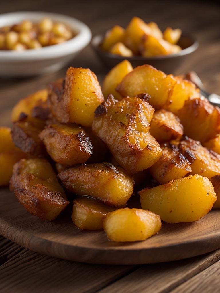 cepti kartupeļi ar sulīgu ceptu gaļu uz koka fona