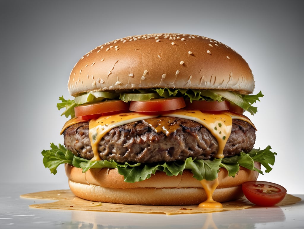 an appetizing burger with lettuce, tomato and melted cheese, ultra hd, isolated, hyper realistic, detailed,