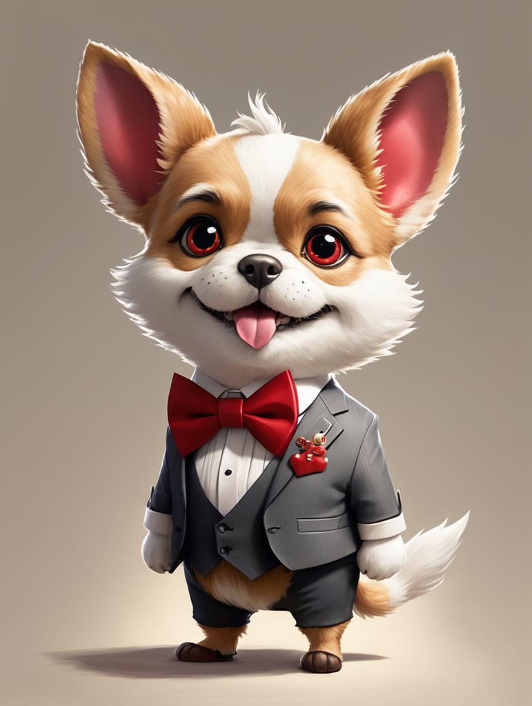 Whimsical Pixar-style corki with a red bow tie