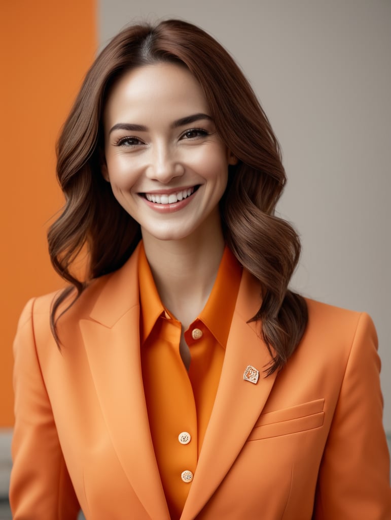 a women with an orange suit and smily face