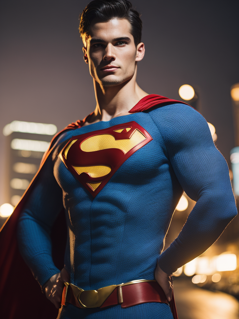 Portrait of a superman in a knitted suit, a blue suit with a red and yellow superman logo on the chest, a city in the background, a blurred background, professional shot, bright saturated colors, sharp focus, highly detailed