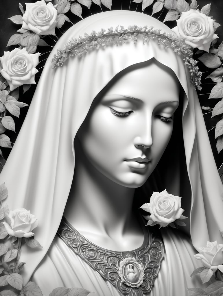 virgin mary holding a roseary with rose in background, black and white