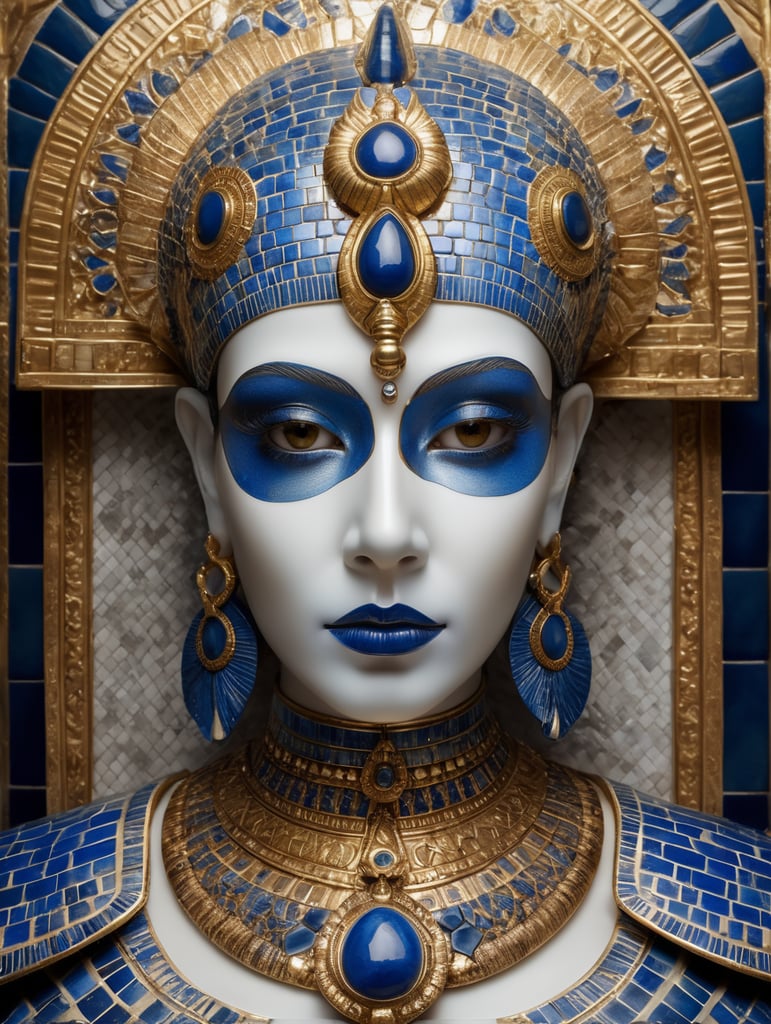 mythology goddess creature with Tutankhamen mask made of azulejo’s white and blue, gothic, gold, Neoclassical, elegant, beauty, antique classical, masterpiece, Canon50, Beautiful Lighting, Sad, highly detailed, detailed facial features, unreal engine, very detailed eyes, symmetrical eyes, mythology