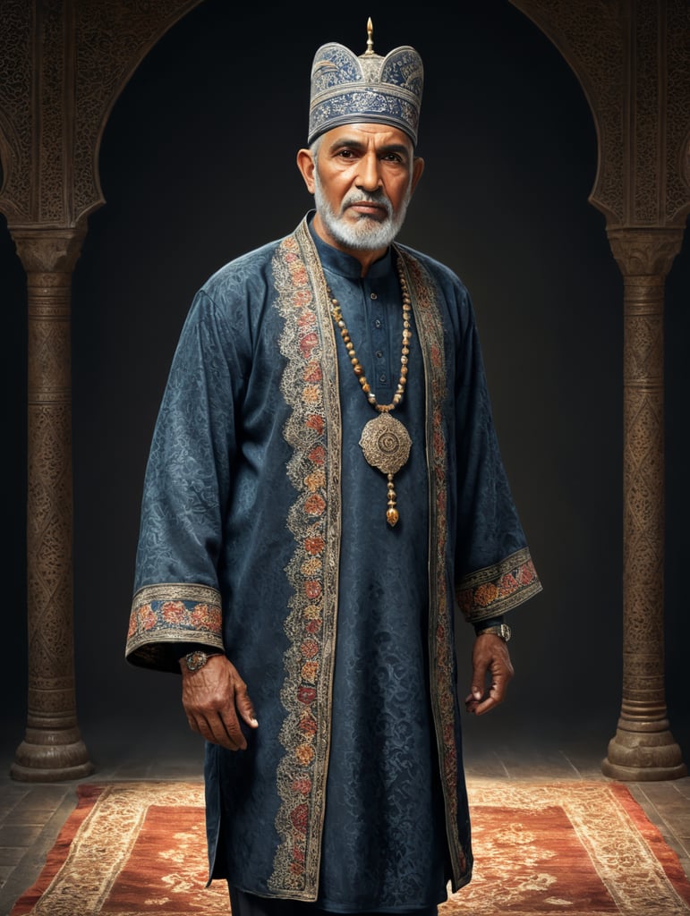 75 year old Muslim man, wearing a islamic prayer cap, wearing batik, standing with full body