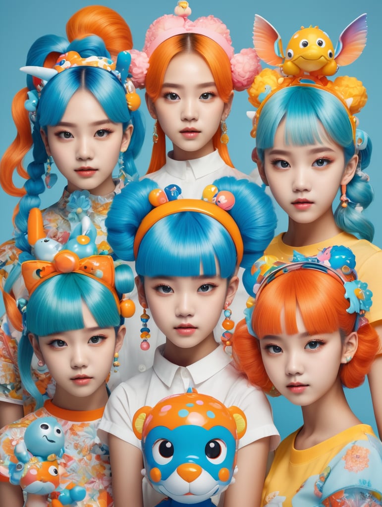 girls with toy characters and bright hair wearing colorful hair accessories, in the style of joong keun lee, multi-layered, dinocore, ren hang, pattern explosion, plasticien, light orange and light blue