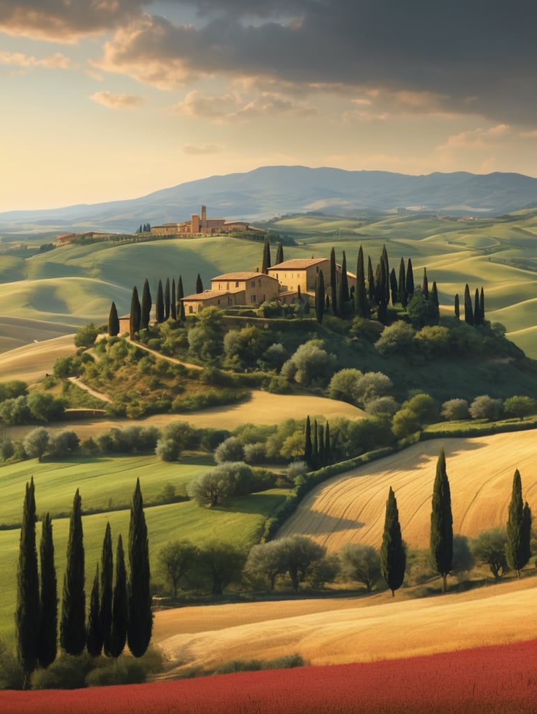 Italian landscape tuscany, photorealistic, serene, peaceful, majestic, high detail, landscape, ultra hd, matte painting, highly detailed, concept art, contrast light, deep colors