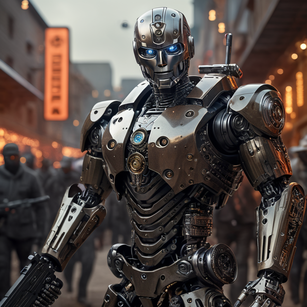 humanoid robot, hacker, rifle mafia style, realistic art, illustration, isolated bokeh background, 4k