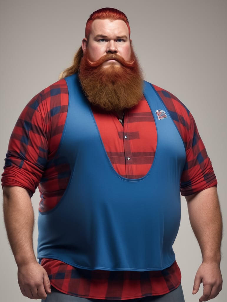 overweight redneck wrestler wearing a blue singlet and a red flannel shirt and a large red beard