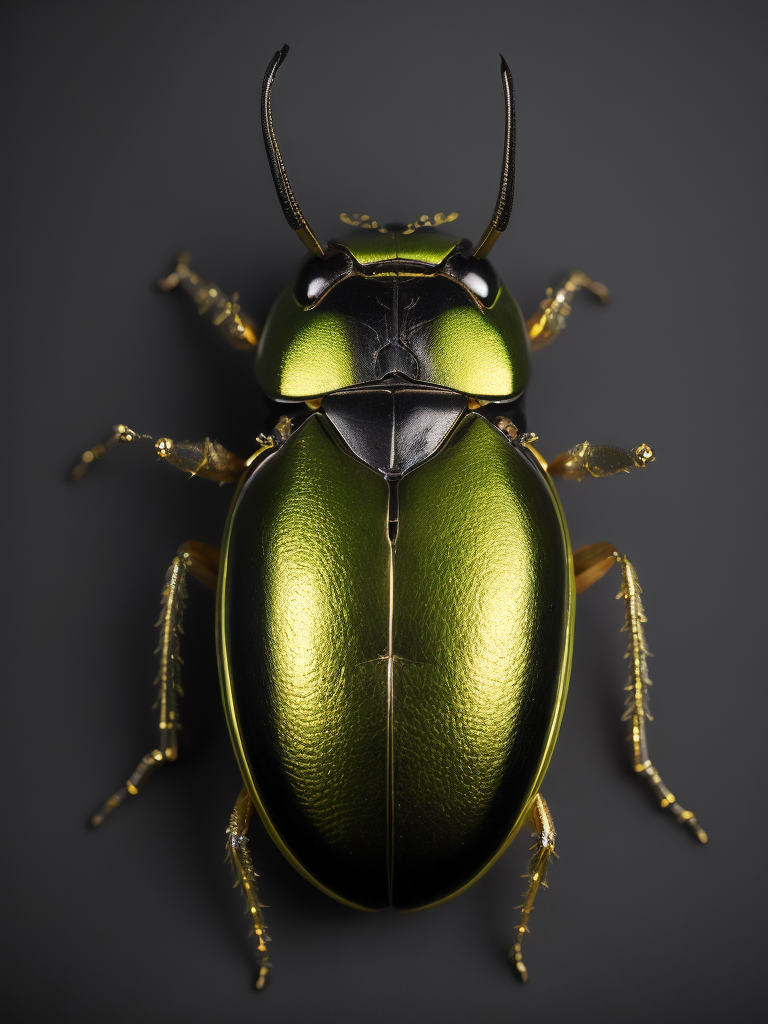 beautiful beetle, metallic, gold and lime green, black background, incredibly detailed, overhead view, vibrant, dramatic lighting