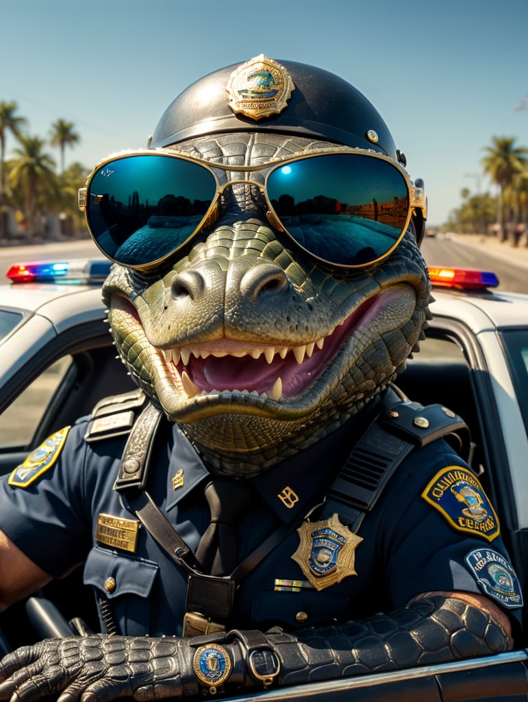 Alligator police officer, sitting behind the wheel of a police car, close-up shot, sunglasses, clipart, stock photo