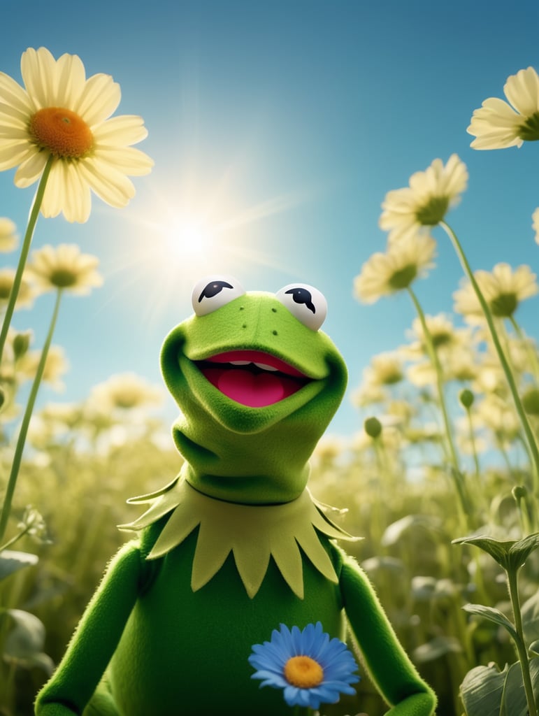 Kermit the frog, happy, light, surrounded by a blue sky on a flower field. a beautiful light theater stage cinematic lighting, Ultra 4k HD