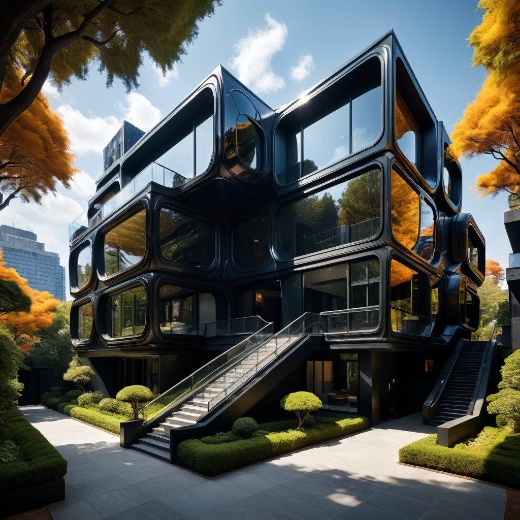 Ai Weiwei and Albert Gleizes style. Wide viewing angle lens architectural photo style, black palette, hyper realistic hyper detailed futuristic neocosmic exterior architecture villa on the form of Fluid and waves geometric lines, Ai Weiwei and Albert Gleizes architecture styles, epic Aliza Razell, day's ambience, sunny day, in new york city 2040s, natural lighting, camera nikon, 8k, --s1000 --style raw, detailerd and intricate, Ai Weiwei and Albert Gleizes.