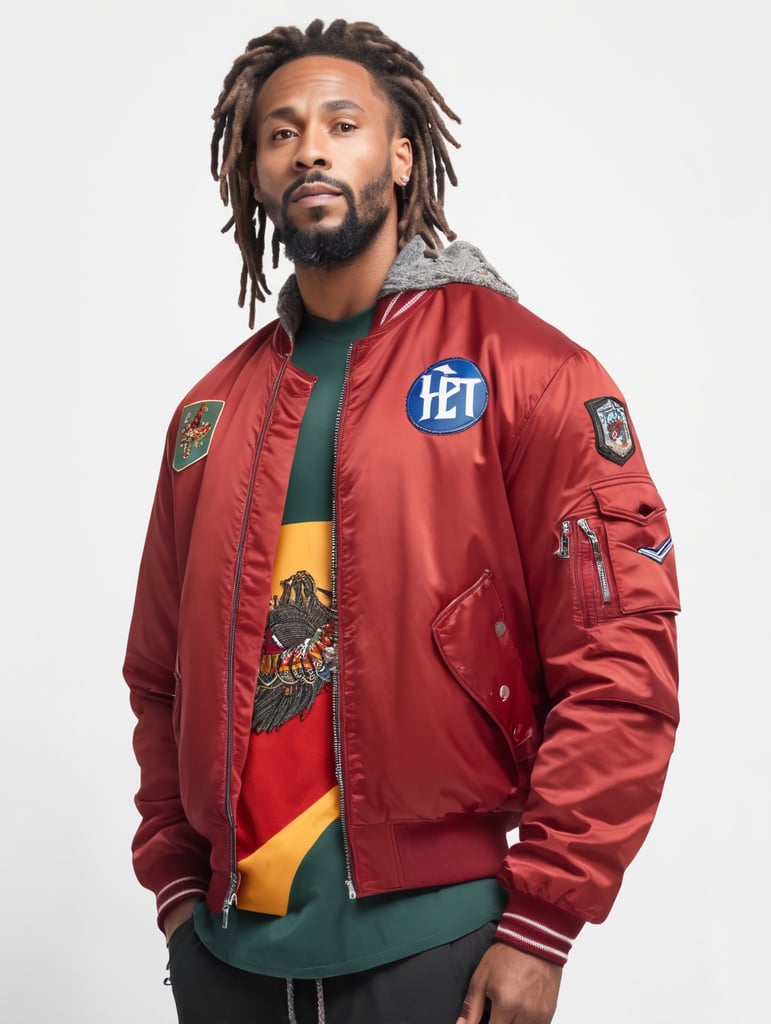 a man with dreadlocks on his head is wearing a colored jersey and a red bomber jacket