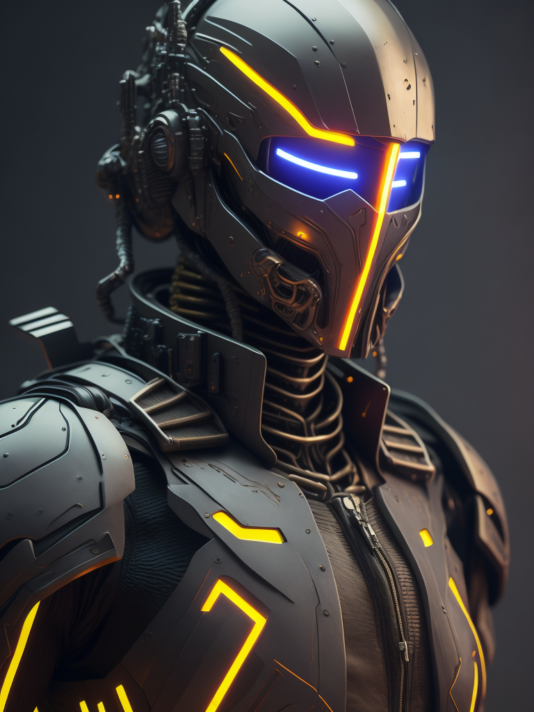 Ultra-detailed soldier from counter strike game in a base, with anthropomorphic cybernetic skeleton elements on metal armor, neon lights reflections, reflection mapping, intricate design and details, dramatic lighting, hyperrealism, photorealistic, cinematic, 8k --ar 9:16 --v 5