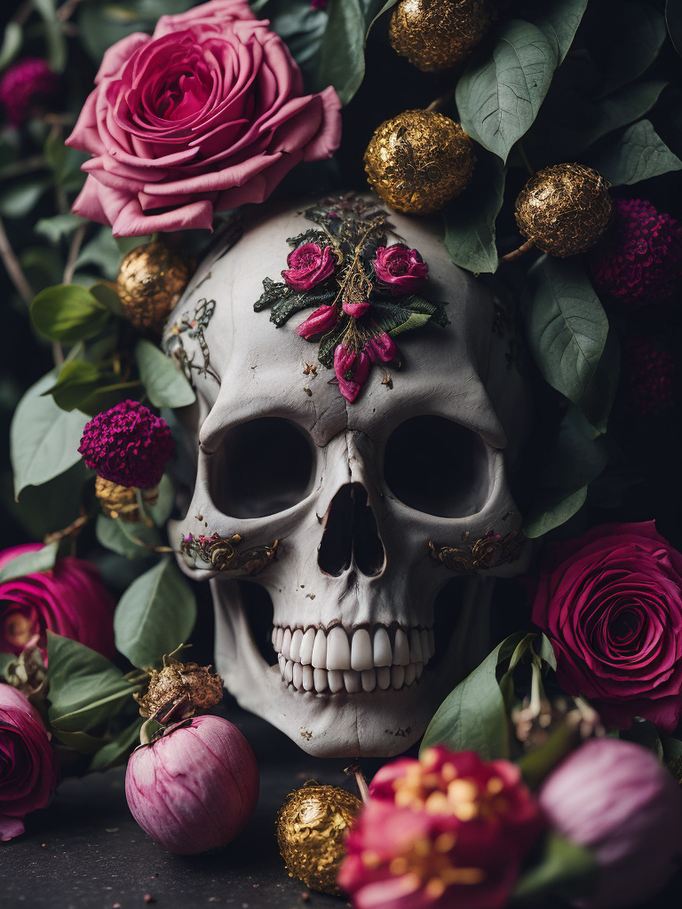 Mexican skull calavera, surrounded by poetic ornamental elements such as fruits, flowers, garlands of lights and native plants, colors pink, green, gold and black