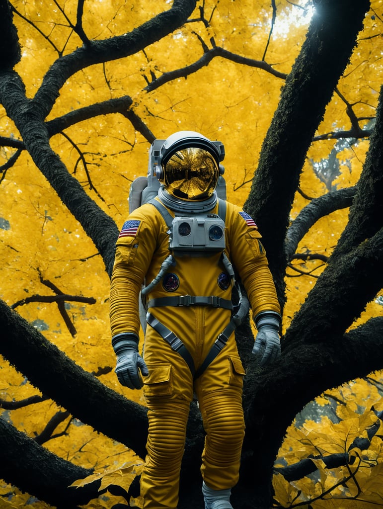 astronaut wearing a yellow space suit, amongst leaves in a big tree, full body, space,