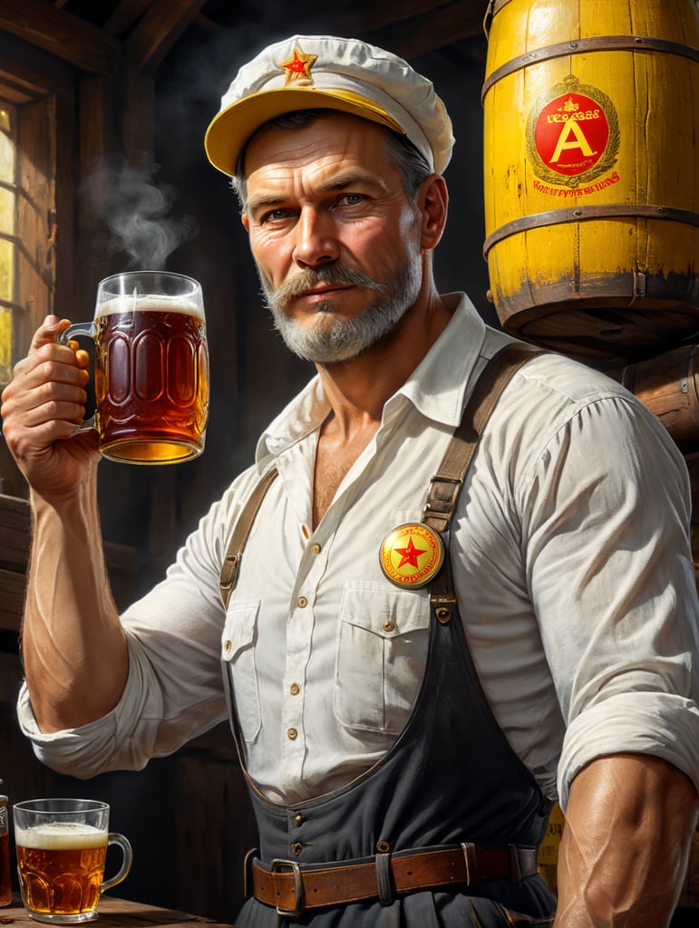 poster, A Soviet man in a white shirt and cap holds a mug of kvass in his hands, a Soviet yellow barrel of kvass can be seen in the background