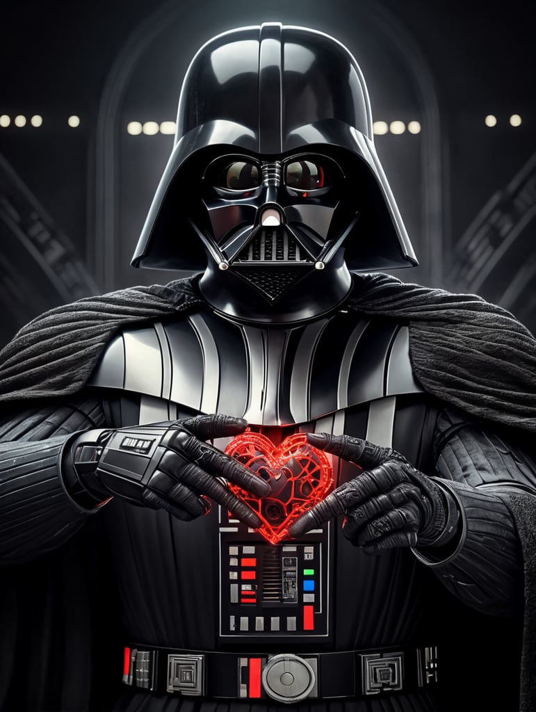 Darth Vader making a gesture hand heart forms a heart shape using their fingers to the Death Star, camera capturing him from his back