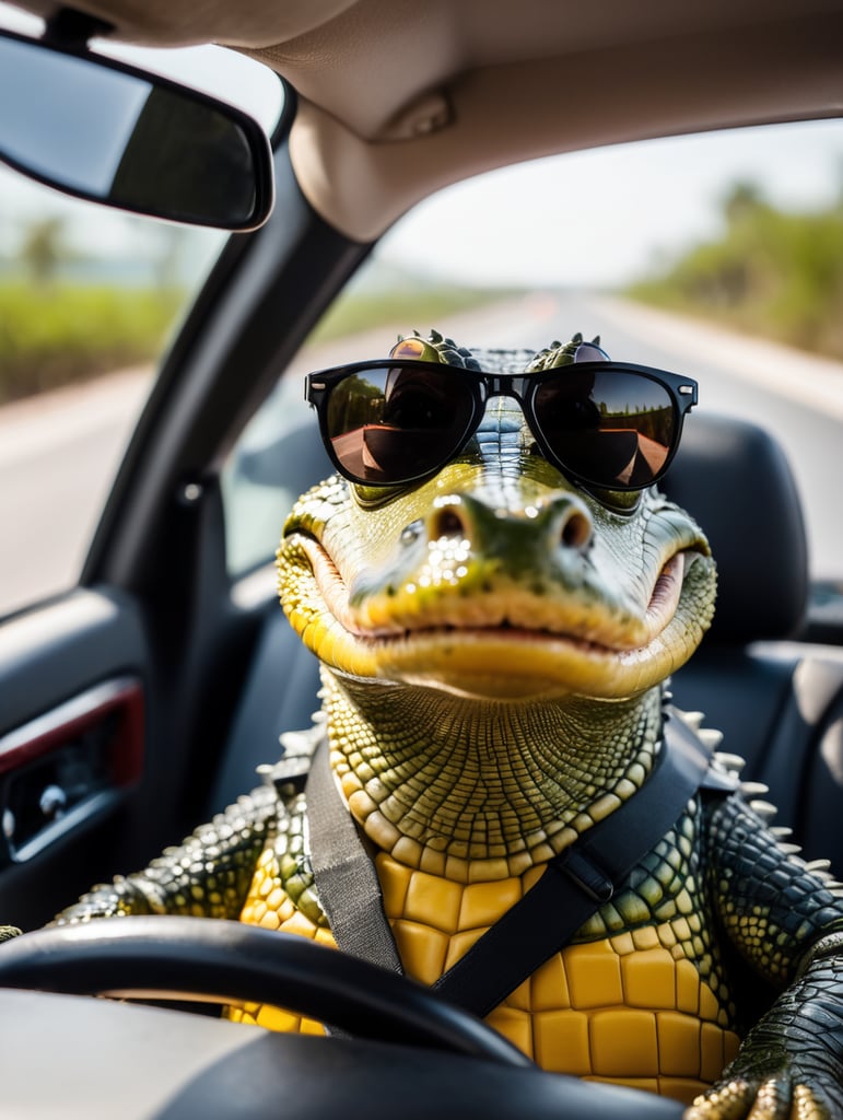 Alligator taxi driver, sitting behind the wheel of a taxi, close-up shot, sunglasses