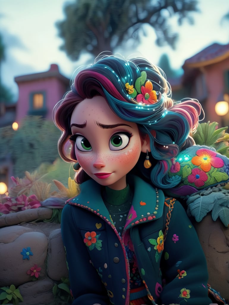 Beautiful woman with freckles, wearing a colorful, vibrant, detailed embroidered jacket, medium-full shot, at night