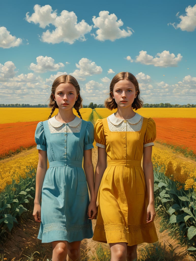 Vintage portrait of two girls wearing a simple dress in a yellow field, clear blue sky, complementary colors, Wes Anderson style, Incredibly high detail, Muted colors, turquoise color, orange color, red color