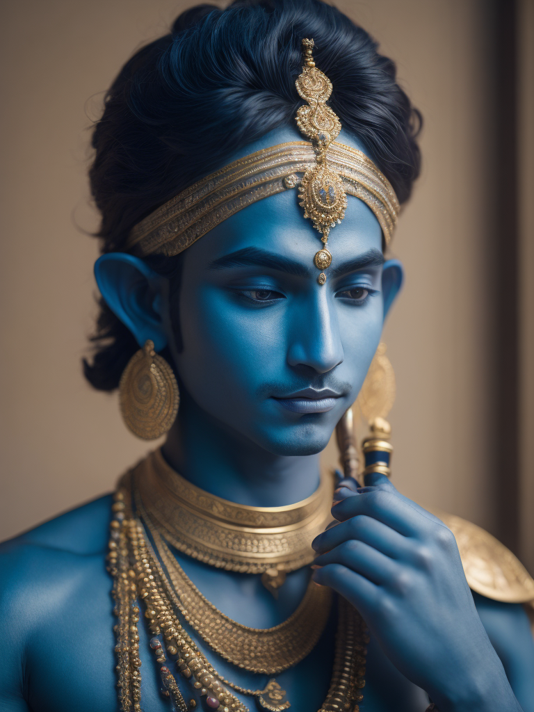 Shri Krishna, Deus hindu masculino, de pele azul, tocando flauta, fotorealistica,