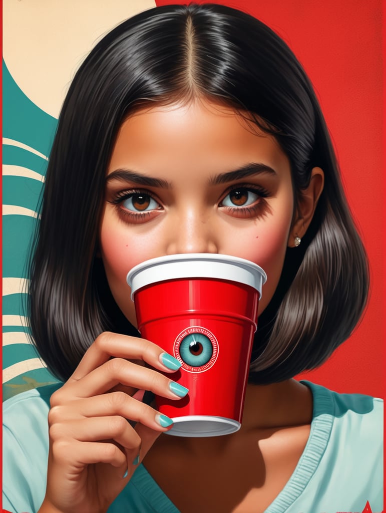 Miami young girl holding a red cup eye-catching poster-style drawing and illustration representing the iconic pulp style.