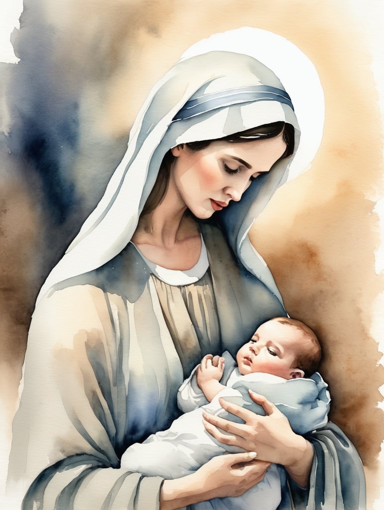 mary and baby jesus watercolor painting