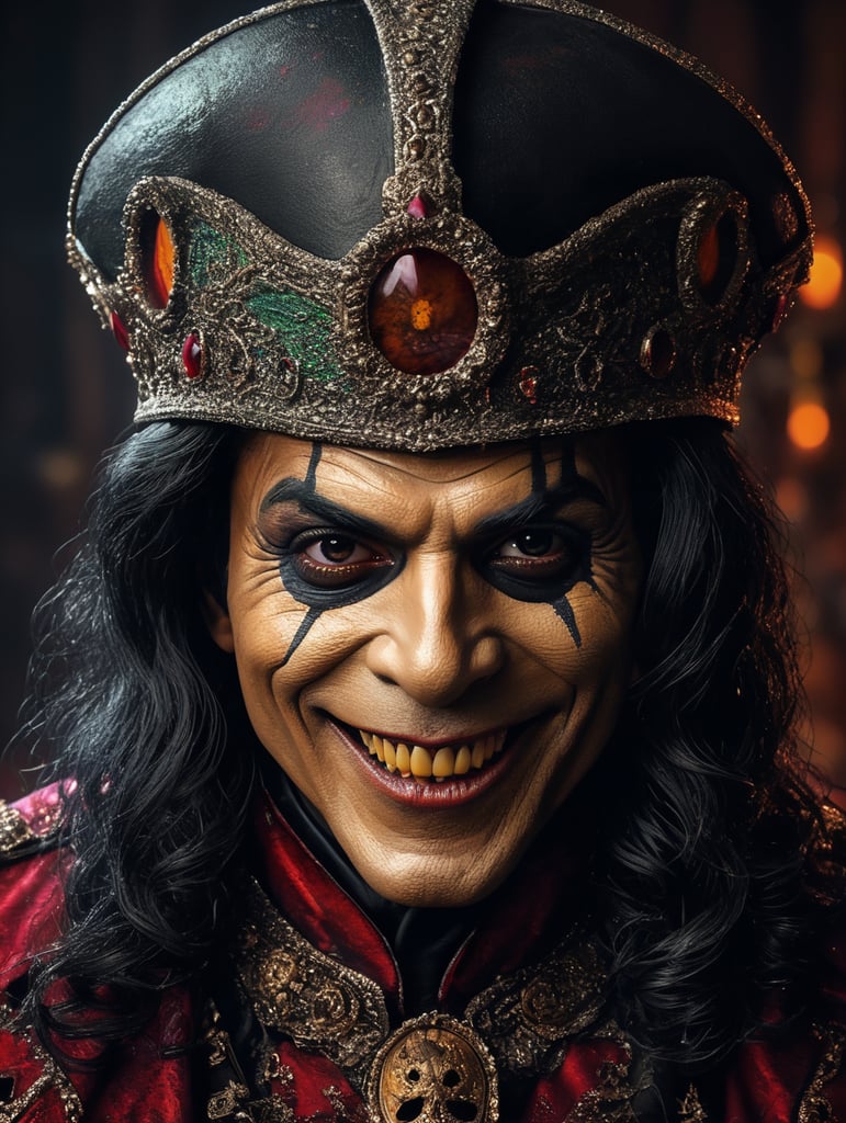 Old Michael Jackson as a creepy evil character wearing spooky Halloween costume, evil smile, creepy tiny nose, Vivid saturated colors, Contrast color