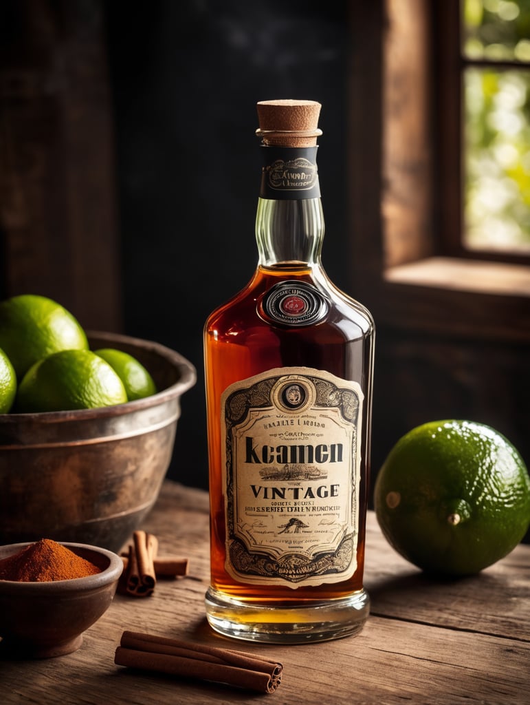 professional photo of a rum vintage bottle on a rustic table surrounded by lime, cinnamon Jamaica pepper, dramatic light