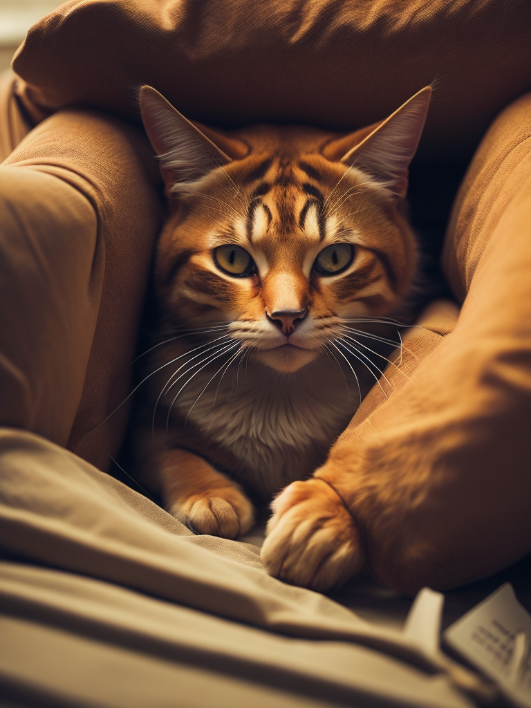 Рыжий кот спит со смешным лицом на кровати с бежевым одеялом. В стиле реализм.