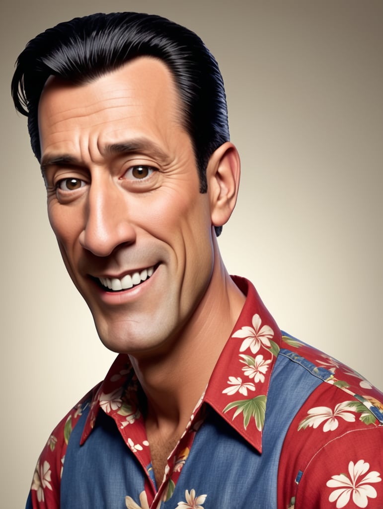 Glenn Quagmire appears Caucasian adult male with short 50's-style-combed raven hair. He has a big chin with a deep cleft and a long nose. He wears a red Hawaiian shirt, blue jeans, and brown shoes.