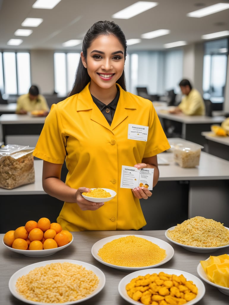 estudiante femenino latino de nutrición con uniforme amarillo y muestra de comida en la mano en un consultorio