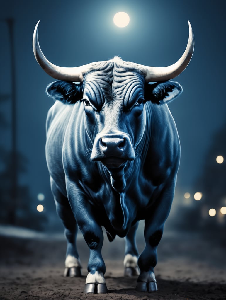 american bull, strong in the night with blue tone