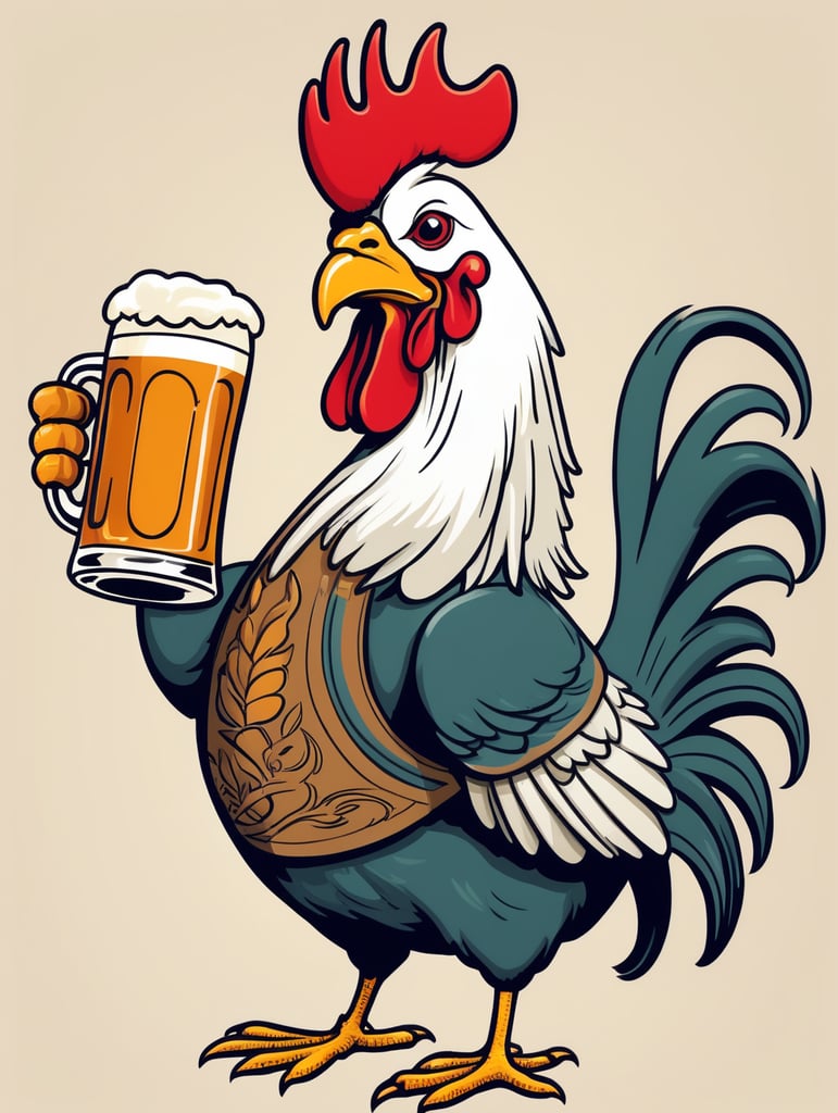 Cartoon rooster chugging a beer