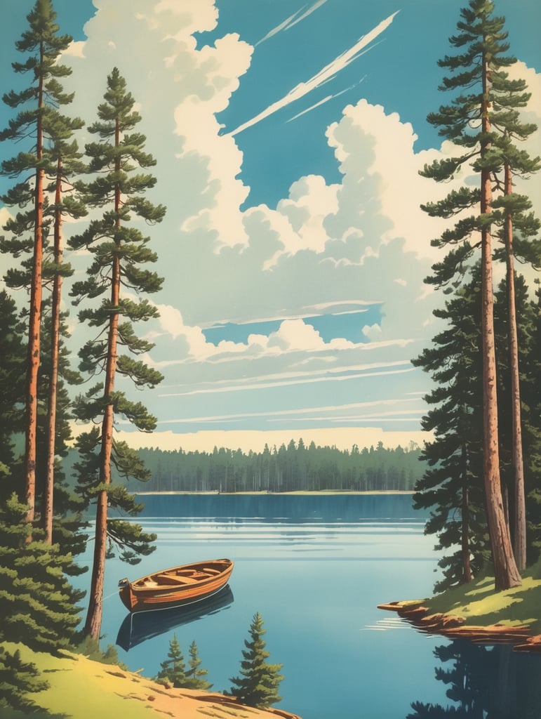 1940's colorful illustration of a lake with a boat, pine trees, blue skies with clouds