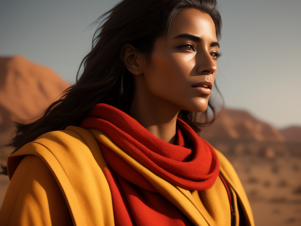 a photorealistic image of an Berber woman from the Bible, noise ring, side view, brown eyes, olive skin, tanned, hair flowing in the wind, extremely detailed, realistic face, natural skin texture, extremely detailed skin with skin pores, peach fuzz, wearing red linen clothes, Israeli beauty, award winning photo, nikon d850 film archival photography, extremely detailed, amazing, fine details, rich color, texture hyper realistic, spectacular lighting, unreal engine, trending on artstation, 3 4 body view, realistic photo, RAW photo, high quality, high resolution, sharp